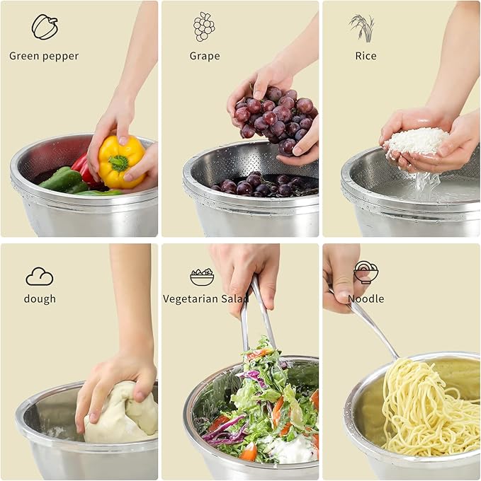 Paoli 304 Stainless Steel Fine Mesh Colander Set, 4.5QT Large Capacity Strainer with Mixing Bowl — Rinse Fruits, Veggies, Rice & Drain Pasta, Dishwasher Safe (2-Piece)