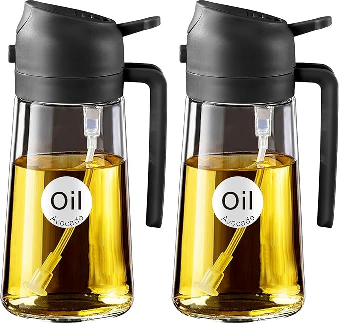YARRAMATE 16 oz 2-in-1 Glass Olive Oil Sprayer for Cooking, Black&Black | Food-grade dispenser bottle, 470 ml, spray and pour, portion control, stickers included, for salad, frying and BBQ