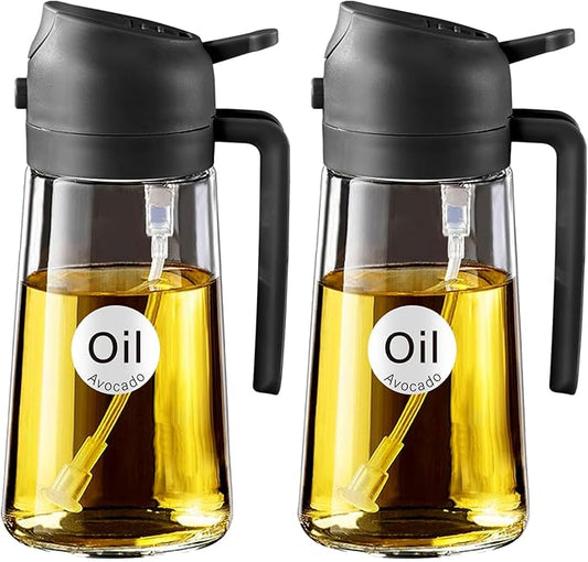 YARRAMATE 16 oz 2-in-1 Glass Olive Oil Sprayer for Cooking, Black&Black | Food-grade dispenser bottle, 470 ml, spray and pour, portion control, stickers included, for salad, frying and BBQ