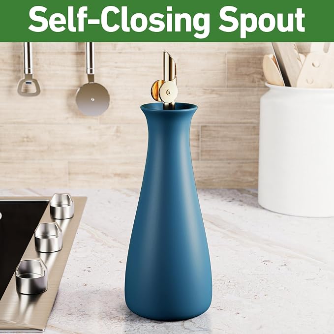 Ceramic Olive Oil Dispenser with Self-Closing Gold Spout, 530mL Capacity | Leak Proof EVOO Dispensing Bottle, Stainless Steel Self-Closing Spout, Ergonomic, Durable, Easy Pour, Stylish, 530mL Capacity