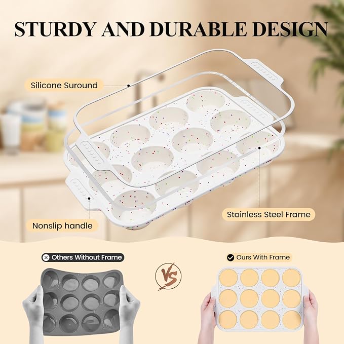 Vinino Silicone Muffin Pan with Reinforced Frame, Nonstick Cupcake Pan | Regular Size Silicone Muffin Pan for Baking with Non-Slip Handle, 2-Pack Muffin Tray for Oven, BPA Free, Dishwasher Safe