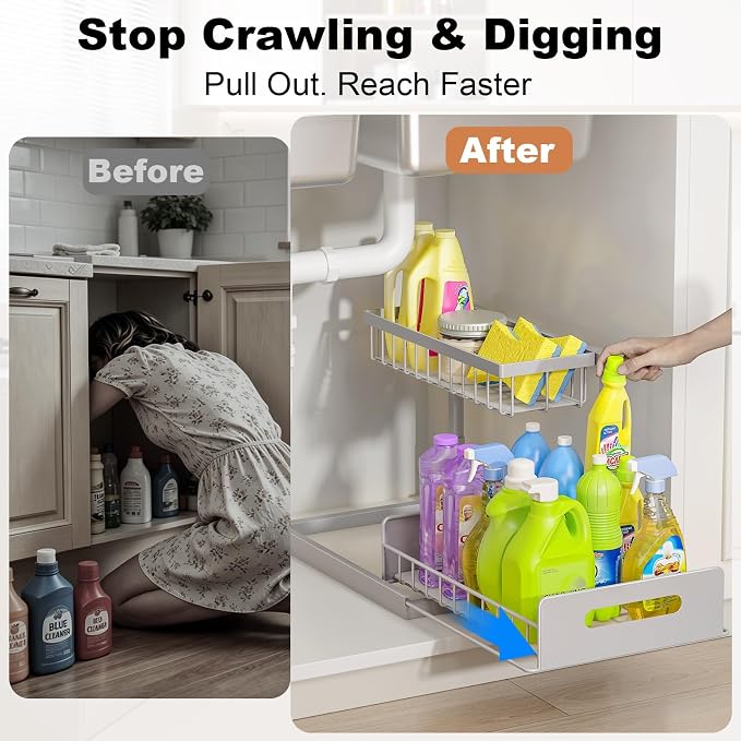 Under Sink Organizer, Pull Out Cabinet Organizer 2 Tier | Slide Out Sink Shelf Cabinet Storage Shelves, Under Sink Storage for Kitchen Bathroom Cabinet, Grey, 1 Pack