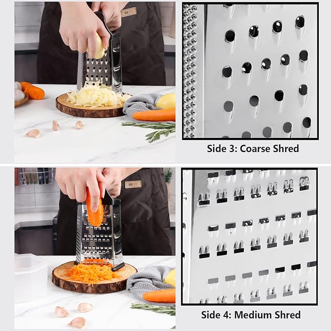 Box Grater, Cheese Grater Shredder Stainless Steel with 6 Sides, Best for Parmesan Cheese, Vegetables, Potatoes, Carrot, Ginger, Mandoline Vegetable Slicer with Detachable Container, Silver