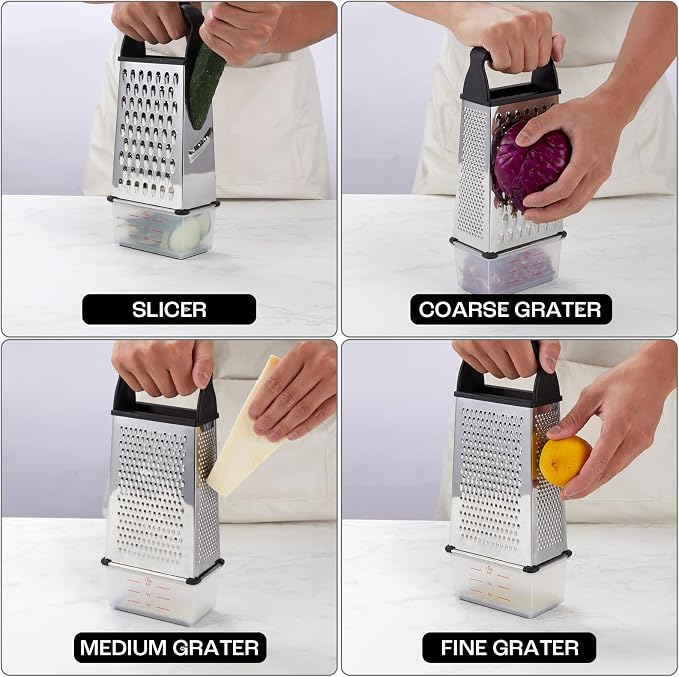 Professional Box Cheese Grater with Container & Handle – Durable Stainless Steel Cheese Shredder for Kitchen, Multi-Sided Food Chopper for Kitchen Use – Black