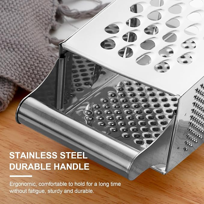 Handheld Cheese Grater Box for Kitchen, Stainless Steel 4 Sided Cheese Grater with Handle for Grinding Shredding & Slicing, Dishwasher Safe (Silver)