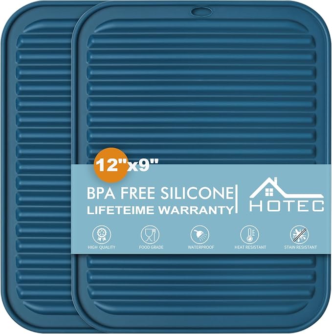 HOTEC BPA Free Silicone Trivets for Hot pots and Pans, 446℉ Heat Resistant for Kitchen Counter Dish Drying Mat, Set of 2 Classic Blue
