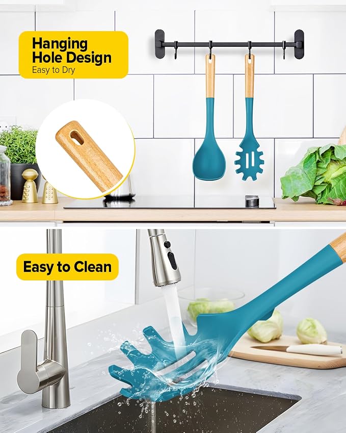 Silicone Soup Ladle and Spaghetti Spoon Set with Wooden Handle, Non Stick Heat Resistant Kitchen Utensils for Cooking, Stirring, Serving Pasta, Soup & Sauce(BLUE)