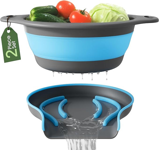 Gevoli Strainer with Self-Draining Base (5QT) Over-Sink Collapsible Kitchen Colander Set with Side-drain Base for Pasta Vegetables and Fruit, XL Large Capacity, Dishwasher Safe (5-Quart) Blue/Gray