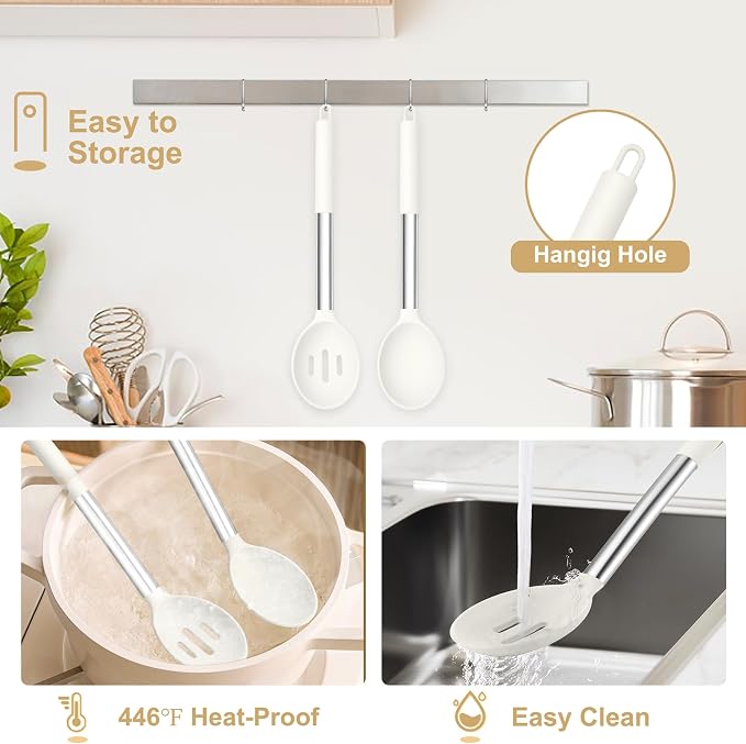 TeamFar Silicone Spoons, 2 Pcs Large Nonstick Kitchen Spoons, Heatproof Solid and Slotted Spoons for Cooking Mixing Serving Stirring, Healthy & Dishwasher Safe, White