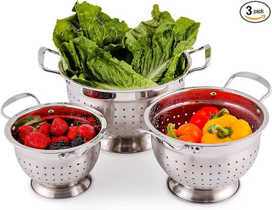 OVENTE Premium Stainless Steel Colander Set of 3 with Comfortable Large Handles, 1.5, 3, 5 Quarts Essential Kitchen Strainer for Draining Spaghetti Pasta, Rinsing Vegetables or Fruits, Silver C46263S