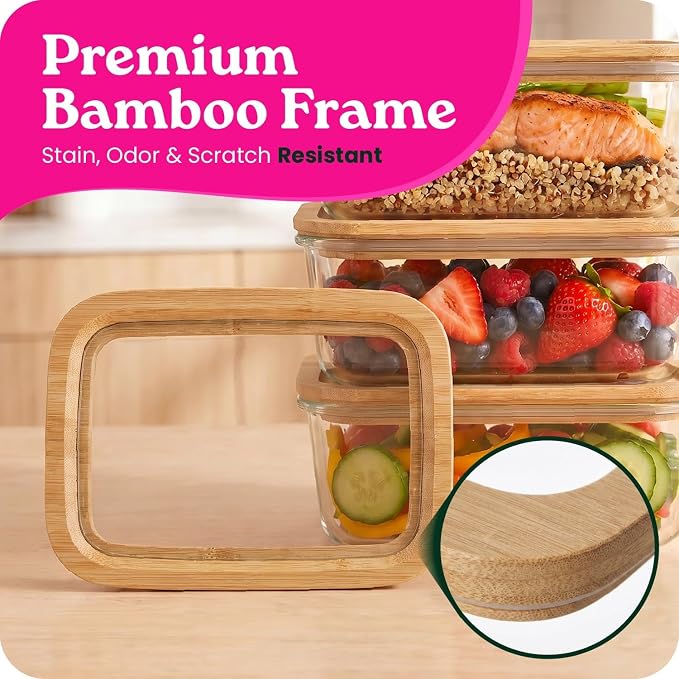 6-Pack Glass Food Storage Containers with Glass Lids & Bamboo Rim – Plastic Free 27 Oz Glass Meal Prep Containers for Lunch, Eco Friendly Airtight Food Storage, Microwave & Oven Safe