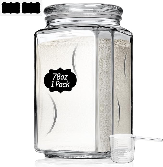 ComSaf Large Square Glass Pantry Jar with Lid 78 oz Wide Mouth | Flour sugar rice, Pasta cereal, Laundry detergent, Pantry organization, Large capacity, Cabinet organization, Dry goods