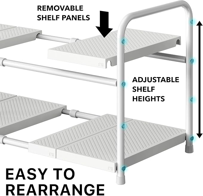 Simple Houseware Under Sink 2-Tier Heavy Duty Expandable Organizer, White | Adjustable Width 15.75–25 Inches with 4 Shelf Height Levels