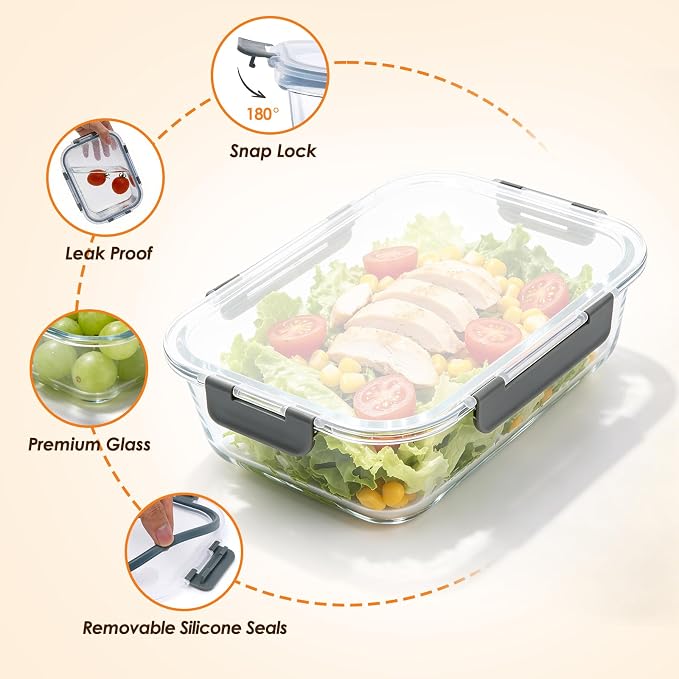 5 Pack 36oz Glass Storage Containers with Lids, Grey | Glass Meal Prep Food Container Sets, Snap Airtight Lid, For Microwave, Oven, Freezer and Dishwasher, BPA Free