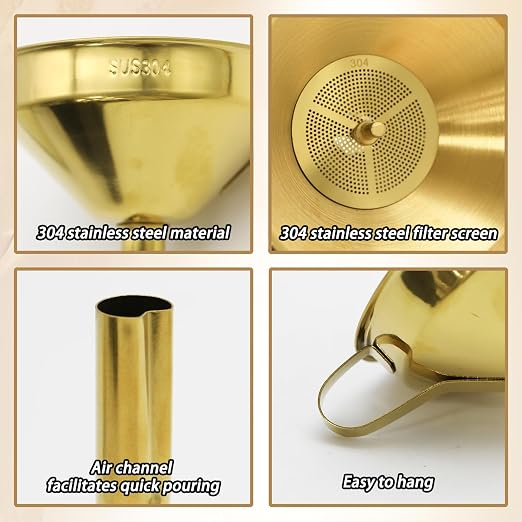 10.5cm/4.13inch Gold Stainless Steel Funnel with Strainer, Metal Funnel with Cleaning Brush, Filtering Funnel for Filling Bottles Transferring Liquid Oil Juice Milk Kitchen Use