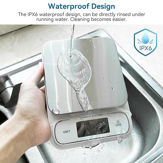 BOMATA Waterproof IPX6 Kitchen Scale, 0.1 g/0.01 oz High Precision, 5 kg/11 lbs, Digital Scale with Backlight, Stainless Steel Weighing Platform, for Food, Cooking, Baking, Weight Loss.. B619, White