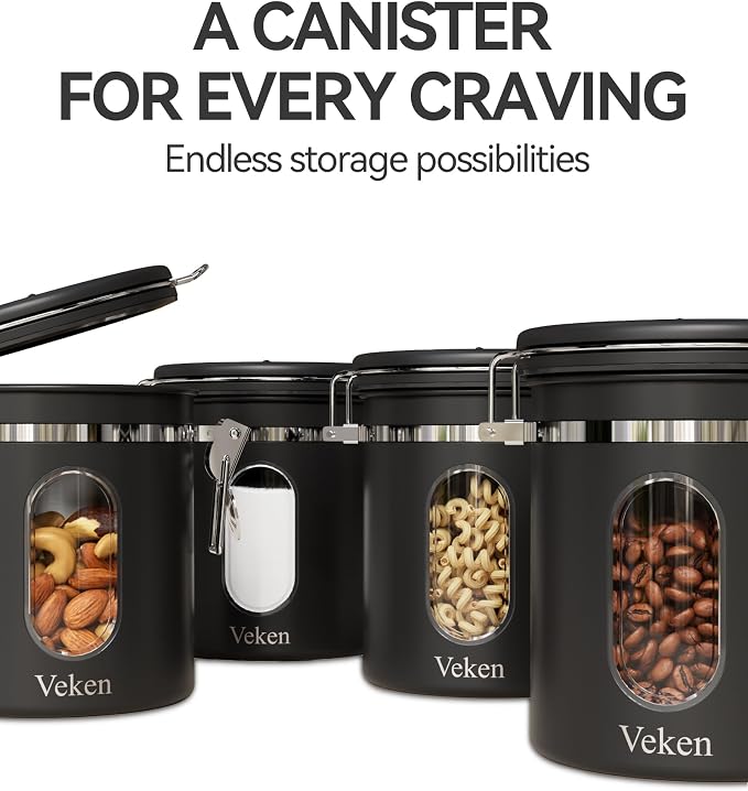Veken Coffee Canister with Window, Airtight Stainless Steel Container, 16OZ | Kitchen Food Storage Pantry Organizers for Beans,Ground,Espresso,Rice,Tea,Sugar,Bar Accessories,Gifts,Lids,Jars, Scoop, Black