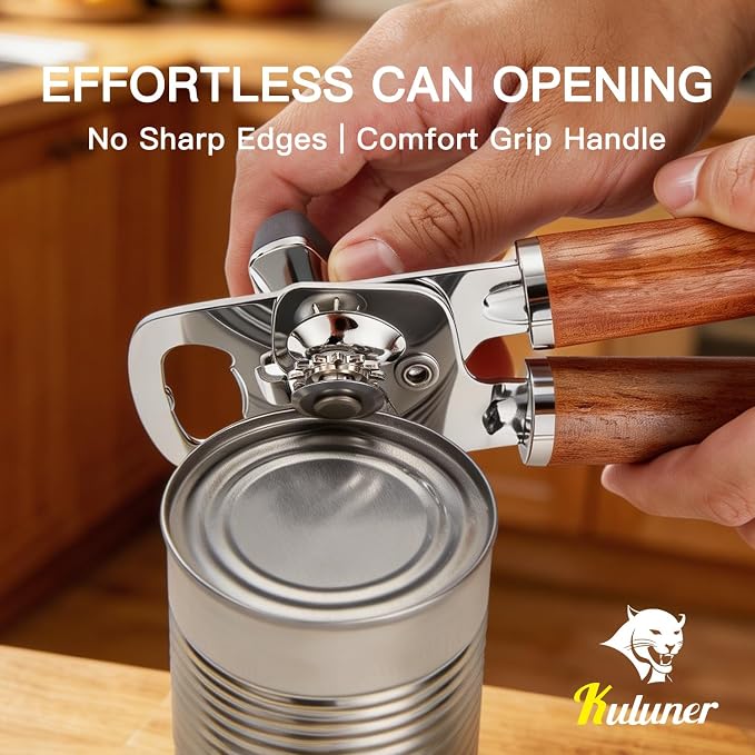 KULUNER Manual Can Opener with Solid Rosewood Handle, Large Easy-Turn Knob, Sharp Stainless Steel Blade, Handheld Design for Arthritis & Seniors - Also Opens Bottles (Rosewood Finish)