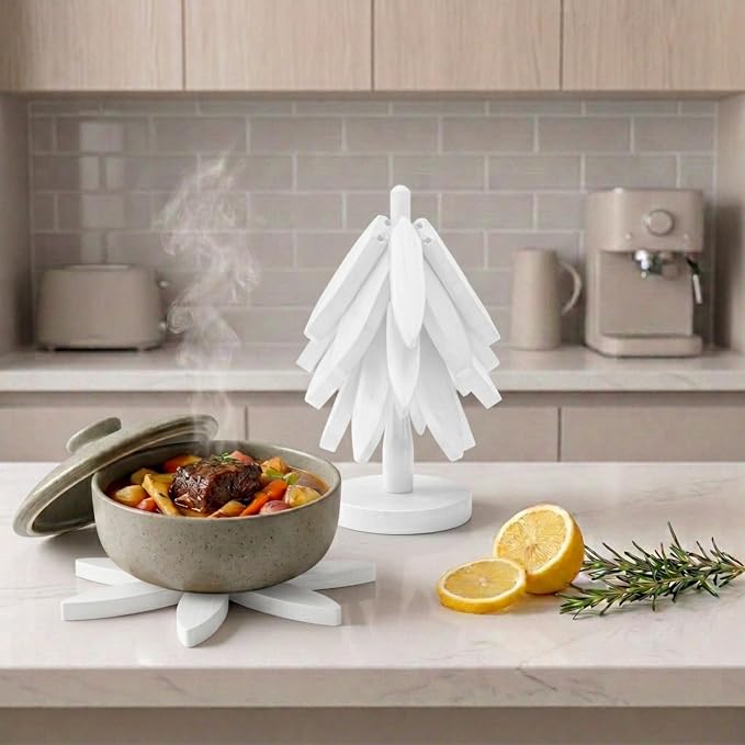 Wooden Trivets for Hot Dishes – Tree Trivet Set with 4 Foldable Wooden Trivets & 1 Stand, Heat-Resistant, Space-Saving Trivet Tree for Pots, Bowls & Teapots (White)