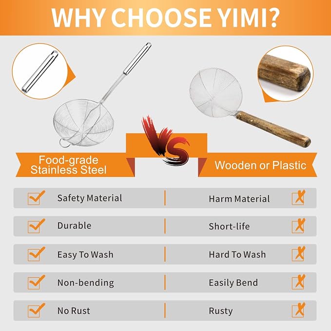 Yimi 16.5 Inch Spider Strainer | Stainless Steel Kitchen Cooking Skimmer with Double Hook Long Handle | Spiral Wire Spoon Ladle with Reinforced Double Coil for Cooking and Frying, Ideal for Gift