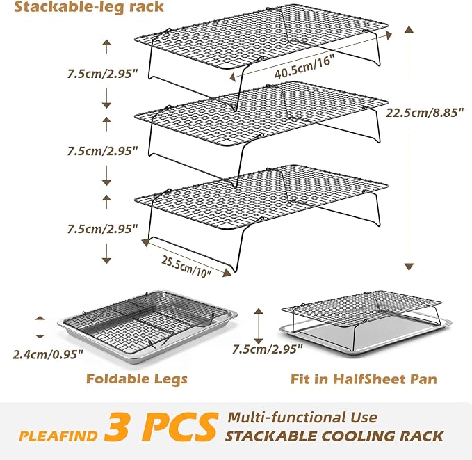 Pleafind 3 Pieces Stackable Cooling Rack - 16 x 10 Inch Wire Rack, 0.43" Dense-Grid Cooling Racks for Cooking, Baking, Roasting, Grilling, Oven and Dishwasher Safe, Black
