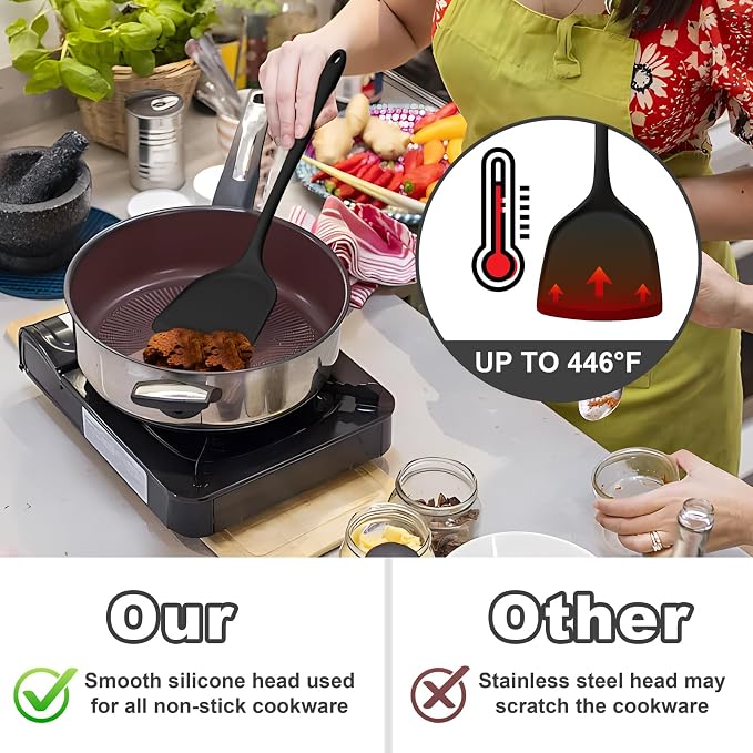 TeamFar Silicone Cooking Utensils Set, 5-Piece Heat Resistant Kitchen Utensils Set, Nonstick Slotted Solid Spoon Turner Pasta Server for Frying, Serving, Mixing, Non-Toxic & Dishwasher Safe, Black