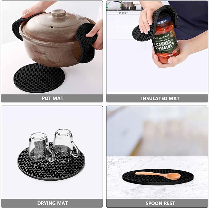 Silicone Trivet Mat — Heat Resistant 446°F Pot Holders for Hot Dishes, Non-Slip Hot Pads for Quartz & Granite Countertops, Multipurpose Kitchen Trivets, Black