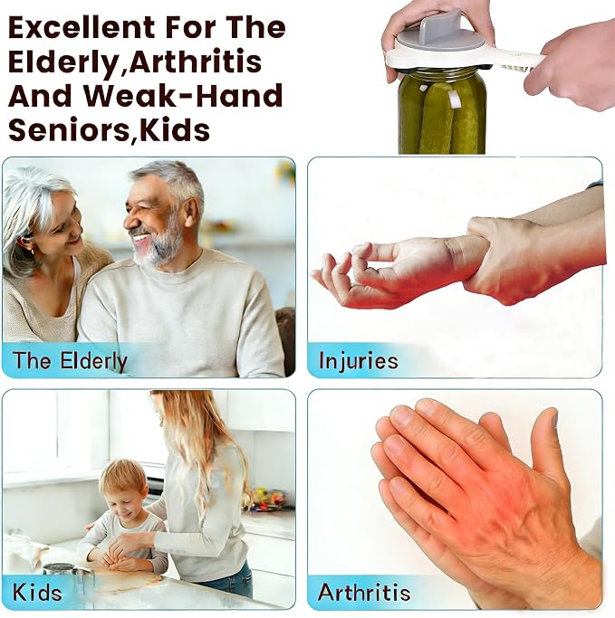 4-in-1 Jar Opener for Weak Hands, Adjustable Lid & Bottle Opener Gray | Ergonomic non-slip grip for arthritis hands, opens jars bottles cans, adjustable multi-size lid remover, durable kitchen tool