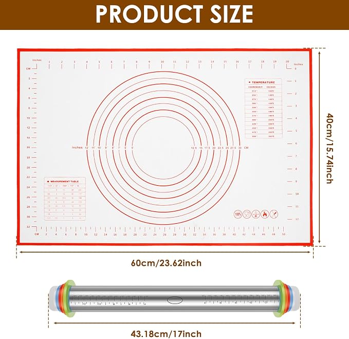 Rolling Pin and Silicone Baking Pastry Mat Set Stainless Steel Dough Roller with Adjustable Thickness Rings Nonstick Dough Roller Pin for Fondant Pizza Pie Cookies (1PC)