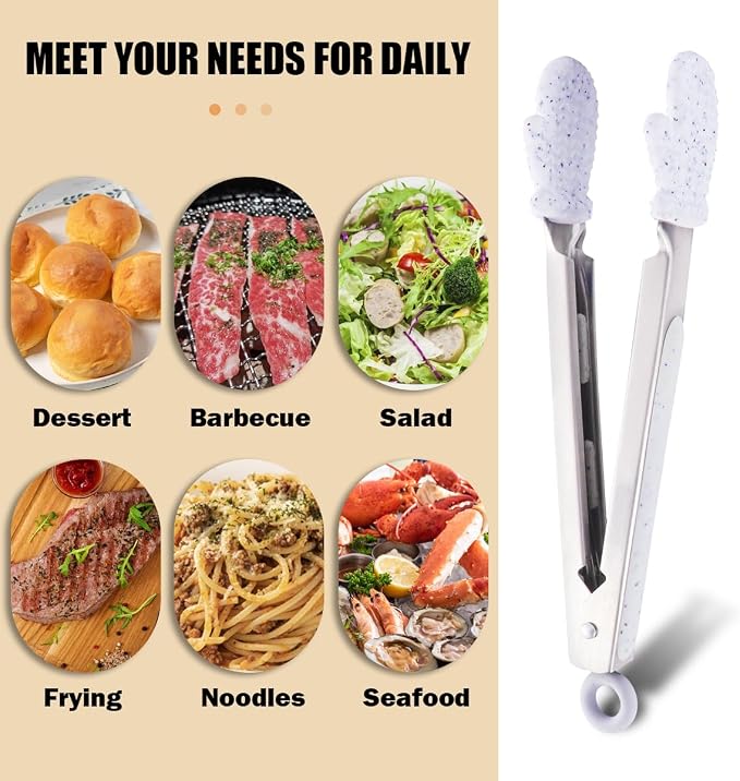 Kitchen Tongs for Cooking Non Stick Cooking Tongs Silicone Tongs Kitchen Tongs with Silicone Tips Stainless Steel Tongs (White)