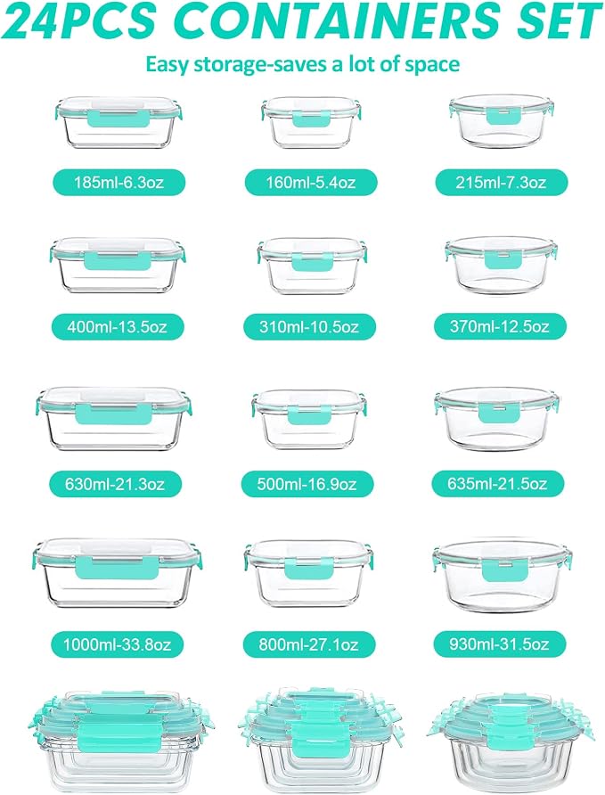 VERONES 12 Packs Glass Food Storage Containers Set with Lids, Green | Airtight Glass Lunch Containers, Glass Meal Prep Containers with Lids, for Microwave, Oven, Freezer & Dishwasher Friendly