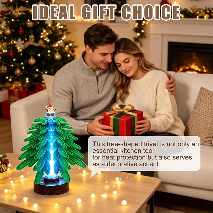Silicone Tree Trivets for Hot Dishes Hot Pots and Pans, Heat Resistant Coaster Set with 3 Lighting Modes Decor (6 Trivets + 1 Stand)