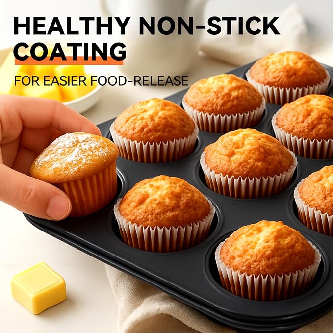 Yoehka 2 Pack Muffin Pan for Baking, Non-stick Cupcake Pan Set, Black | Standard 12-Cups Muffin Tin for Baking Cupcakes, Carbon Steel Baking Supplies