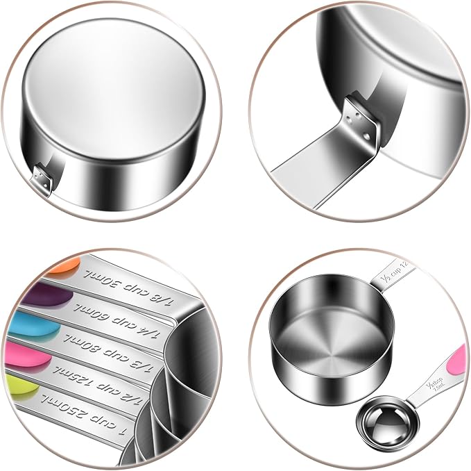 10-Piece Measuring Cups and Spoons Set, 304 Stainless Steel with Color-Coded Handles, Engraved Markings Never Fade, Plastic Free, Dishwasher Safe, Includes 1/8 Cup & 1/4 Tsp