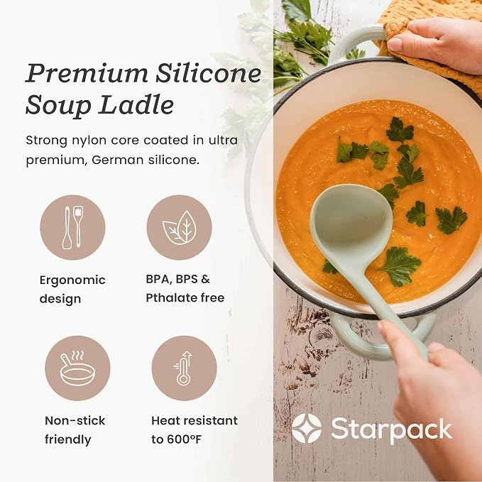 Starpack 'Ladle of Love' Premium Silicone Ladle Spoon 11" - Soup Ladles High Heat Resistant to 600°F - Kitchen Laldes for Serving - Non Stick Silicone Ladles - LFGB Grade Rubber Cooking Spoon - Green