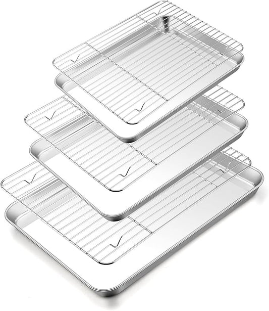 TeamFar Baking Sheet with Rack Set, 3 Pans + 3 Racks, 16/12.5/10.5 Inch | Stainless Steel Cookie Sheets Baking Pans Trays and Cooling Racks for Cooking, Non-Toxic & Heavy Duty, Dishwasher Safe