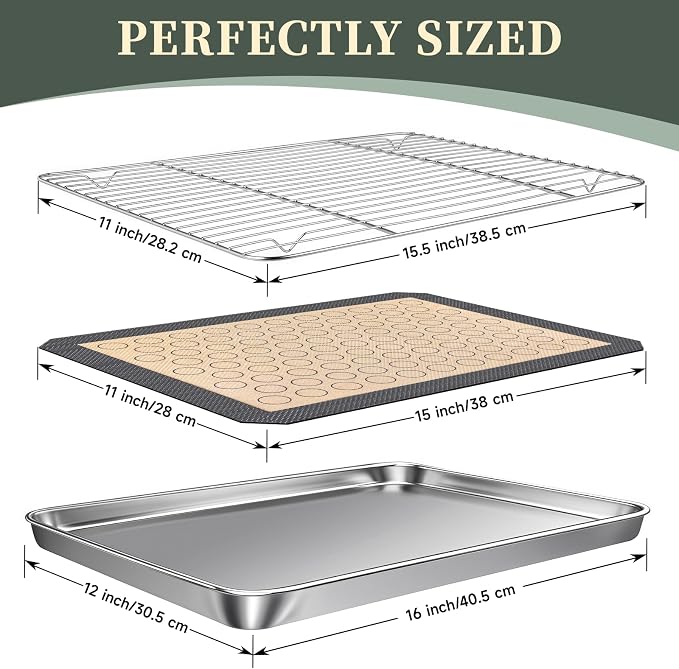 Stainless Steel Baking Sheet Tray Cooling Rack with Silicone Baking Mat Set, 16 x 12 x 1 Inch Cookie Sheet Pan with Wire Rack Set, Set of 6 (2 Sheets + 2 Racks + 2 Mats), Heavy Duty & Rust Proof