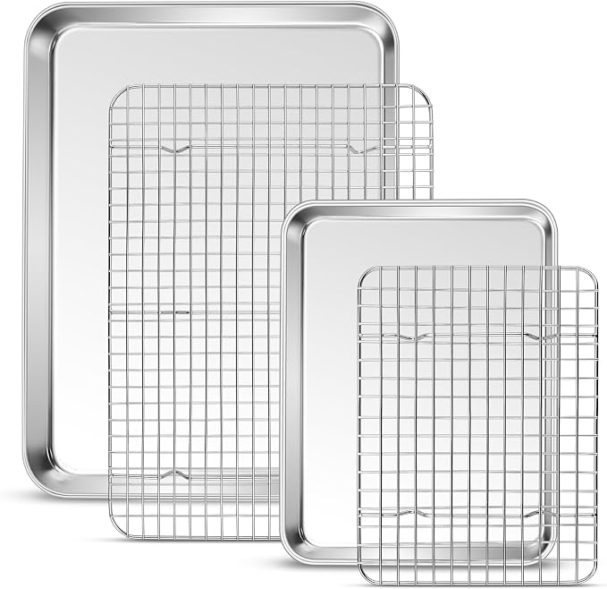 P&P CHEF 16 + 10.4 Inch Baking Sheet Pan and Cooking Rack - 4 Pieces | 2x Cookie Sheet + 2x Grid Rack, Stainless Steel Oven Tray with Wire Rack for Oven Baking, Healthy & Sturdy & Easy to Clean