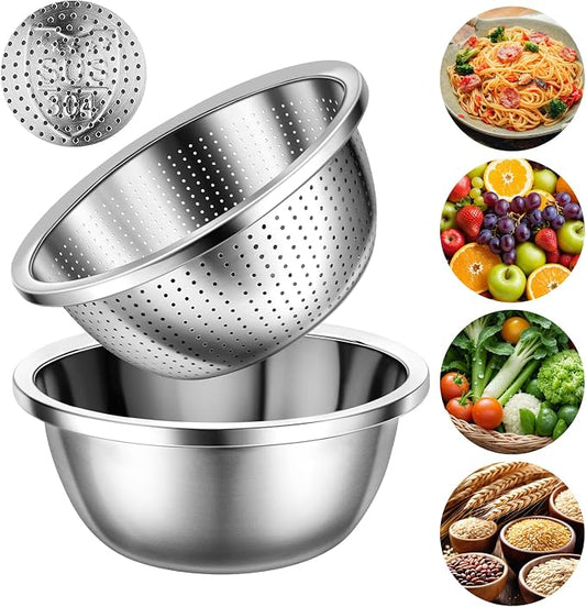304 Stainless Steel Microporous Colander Set - 3QT Large Capacity Kitchen Strainer, Dishwasher Safe for Vegetable/Fruit/Rice Washing & Cooked Pasta Draining （2PC)