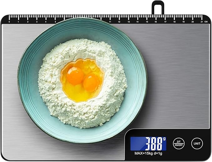 Diyife 33lb Digital Kitchen Scale with Large Weighing Area (9 in) | Professional Food Scale, Stainless Steel Household Scale, Touch Control, LCD Display, Hangable, 6 Units, Tare, with Batteries