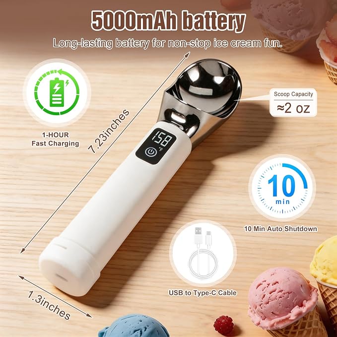 Heated Ice Cream Scoop Heat Up to 158°F, 5000mAh Battery | Rechargeable Electric Ice Cream Scooper with Digital LED Display, for Scooping Hard Ice Cream, Frozen Yogurt