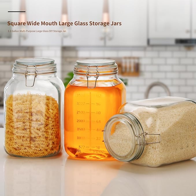 1.1 Gallon Large Glass Food Storage Jars with Airtight Lids,Set of 2 Square Wide Mouth Airtight Glass Storage Container,135oz Kitchen Mason Jar with Measurement Mark,for Flour Sugar Canning.