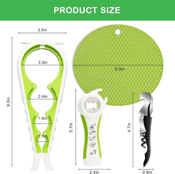 Jar Opener for Weak Hands, Seniors with Arthritis, 5 in 1 Multi Function Bottle Opener Lid Opener For Arthritic Hands with Non Slip Rubber Jar opener Gripper Pad and Corkscrew Wine Opener(GREEN)