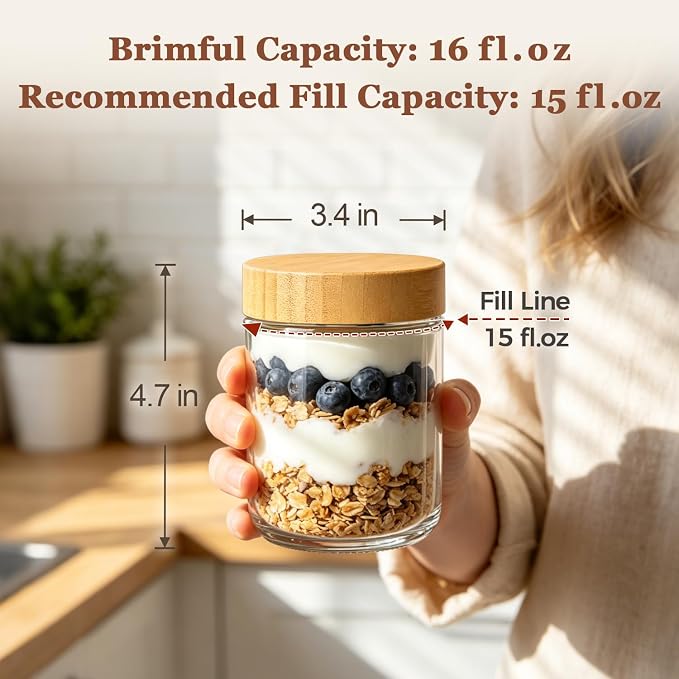 ComSaf Overnight Oats Containers with Lids 16 oz, Small Glass Jars 4 Pack | Mason Jar, Plastic Liner, Portable Yogurt Containers, Leakproof and Reusable Storage Jar, Oat, Meal Prep, Salad, Chia Pudding
