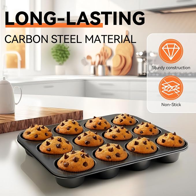 Yoehka 2 Pack Muffin Pan for Baking, Non-stick Cupcake Pan Set, Black | Standard 12-Cups Muffin Tin for Baking Cupcakes, Carbon Steel Baking Supplies