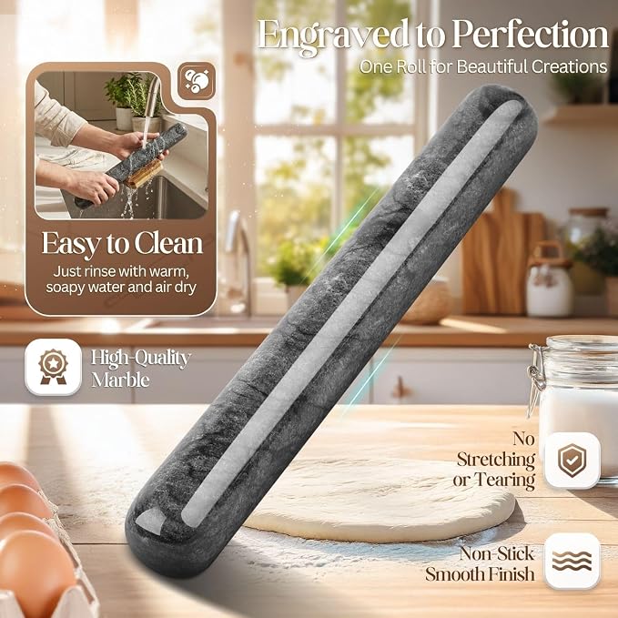 Flexzion French Rolling Pin, 12 Inch Black Marble Rolling Pins for Baking with Wooden Base Holder Stand - Non-Stick Baking Roller for Baking Fondant, Crust, Pastry, Cookies, Pizza, Pasta
