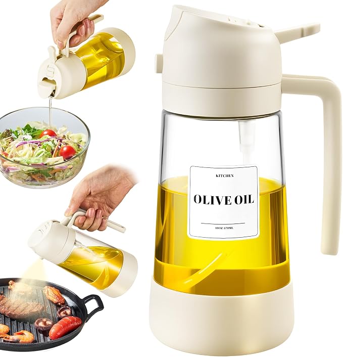 PARACITY Oil Dispenser Bottle and Glass Olive Oil Sprayer, 2-in-1 White | Silicone bottom improves grip; wide mouth eases refills, with spray and pour modes for BBQ, air fryer, salad, and baking.
