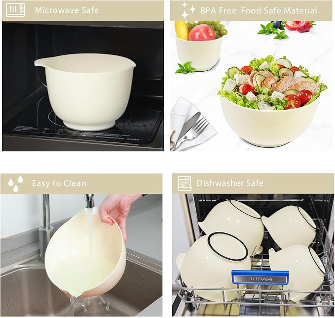 BoxedHome 4.5 Quart Large Plastic Mixing Bowls set with Pour Spout, Beige | BPA-Free Plastic, Microwave & Dishwasher Safe, 4-Piece (1.7, 2.5,3.5 & 4.5 Qt),Nesting Bowls for Space Saving Storage