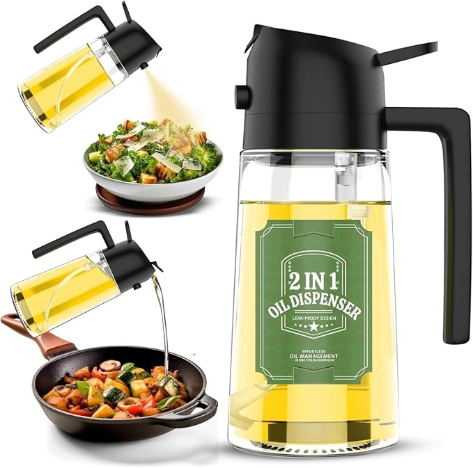Oil Spray Bottle for Cooking, Premium Glass 2 in 1 Oil Dispenser for Kitchen, Food Grade Oil Sprayer Containers with Nozzle, Oil Bottle for Air Fryer, Roasting and Frying 500 ML