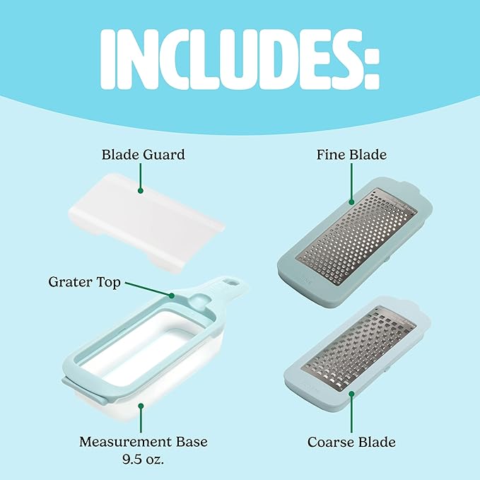 Tasty Interchangeable Grater with Storage Box, Includes Coarse & Fine Stainless Steel Blades, Non-Slip Base for Stability, Dishwasher Safe, Aqua